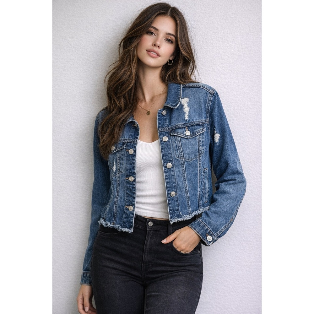 Wax Jean Denim Jacket‎ Womens Small Blue Dark Wash Cropped Distressed Raw Hem
